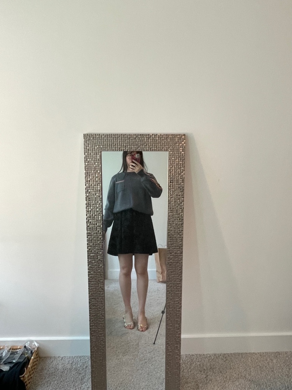 Grey 100% Wool Thom Browne Sweater with red black and white detail